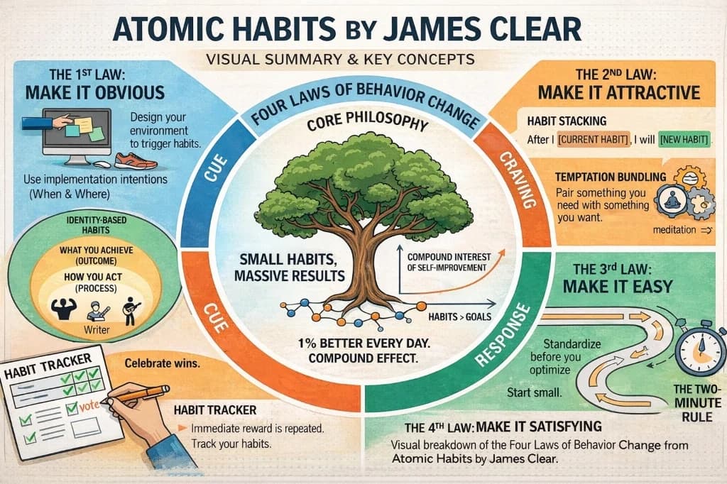 Atomic Habits 4 laws infographic – obvious attractive easy satisfying explained with identity-based habits, habit tracker, and compound effect