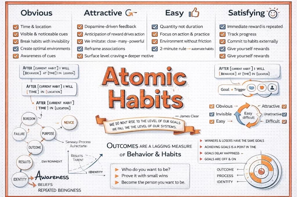Atomic Habits review infographic — The four laws of behavior change: Make It Obvious, Attractive, Easy, and Satisfying