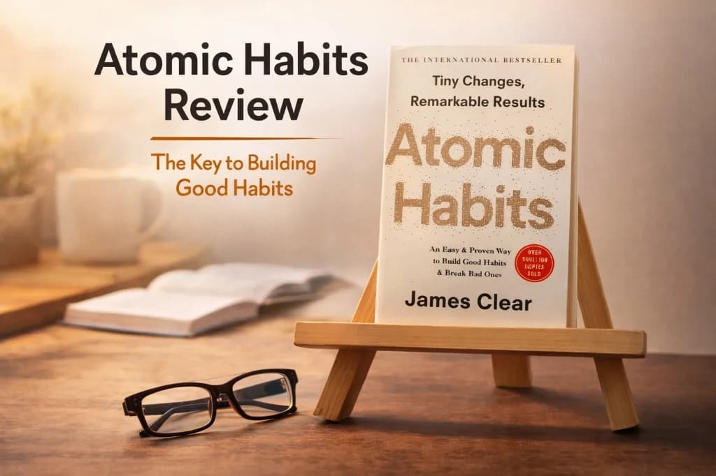 Atomic Habits review — book by James Clear displayed on a wooden easel with reading glasses