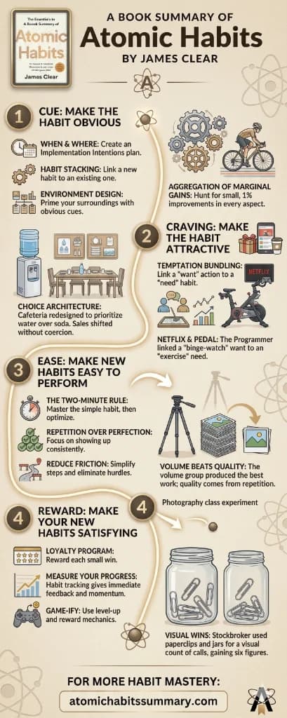 Atomic Habits summary infographic – quick overview of key concepts including the 4 laws of behavior change, habit stacking, and the two-minute rule
