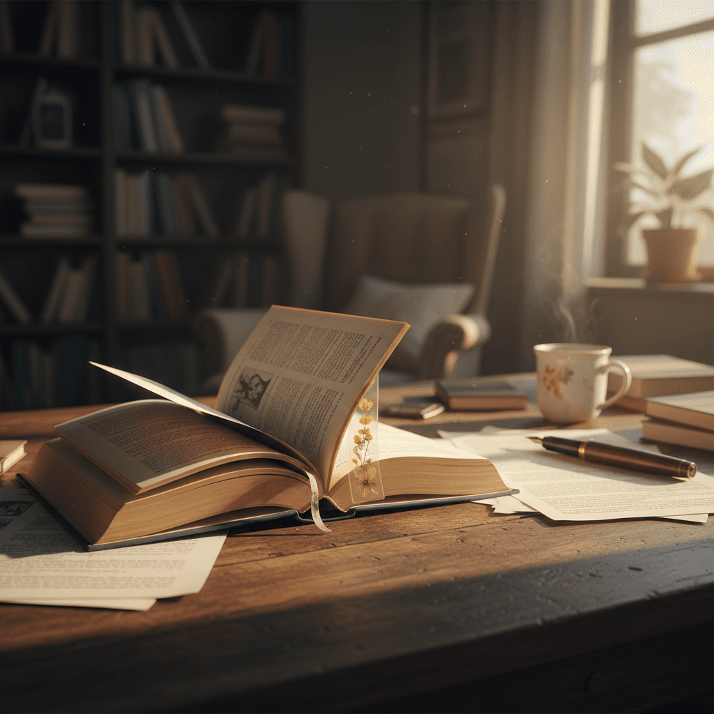 Open book on wooden desk in warm dim study lighting
