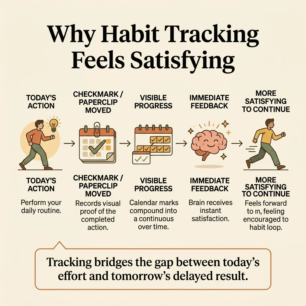 Diagram showing how habit tracking turns daily actions into visible progress and immediate feedback.