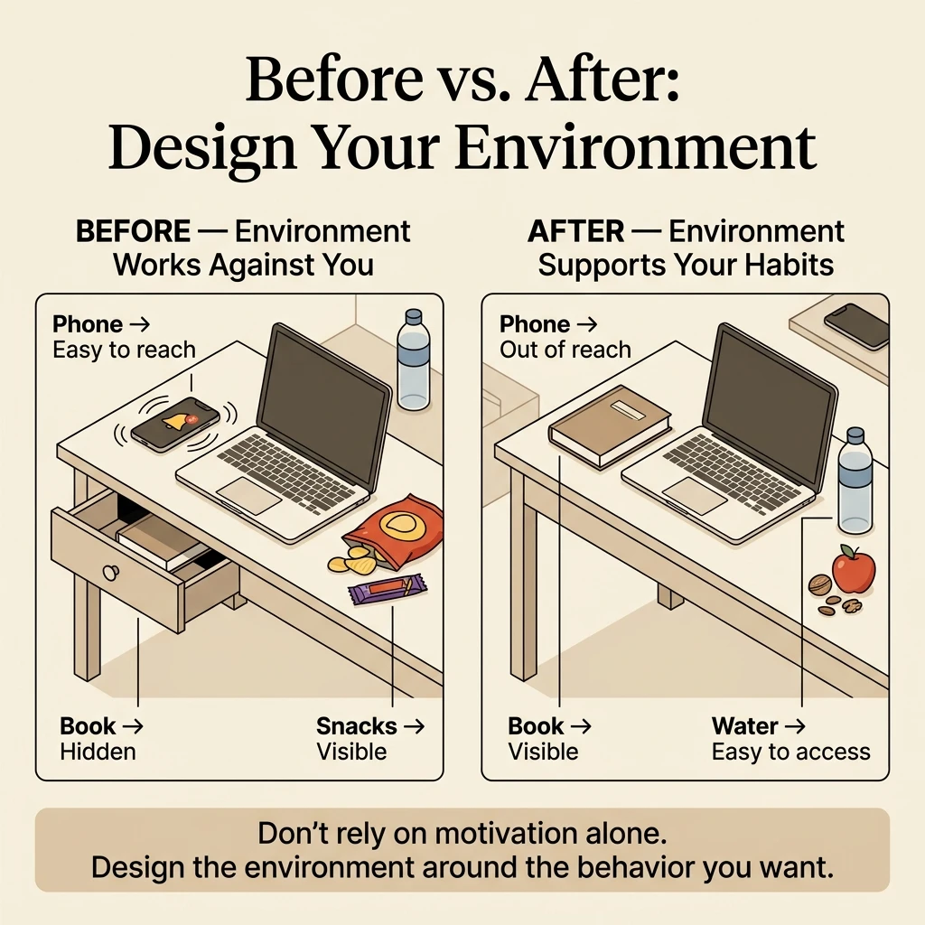 Before and after environment design showing how placing a book and water bottle within reach while moving a smartphone away can make good habits easier to notice and distractions less convenient.